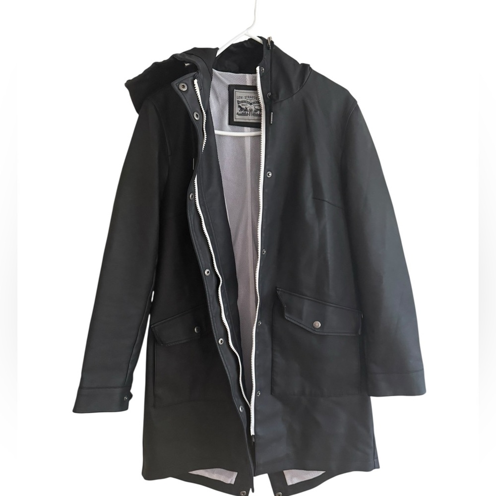 Levi’s Black Rubberized Fishtail Rain JacketSmall Hooded Waterproof Hooded